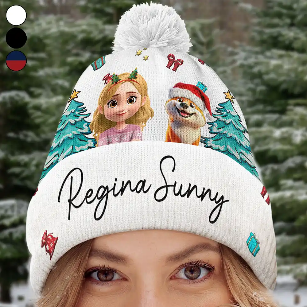 Christmas Woman Man And Dogs 3D Effect - Personalized Bobble Beanie Hat - Image 4