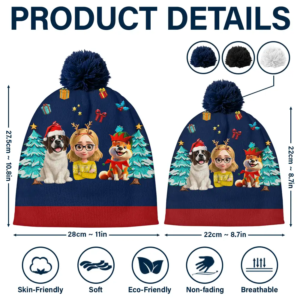 Christmas Woman Man And Dogs 3D Effect - Personalized Bobble Beanie Hat - Image 5
