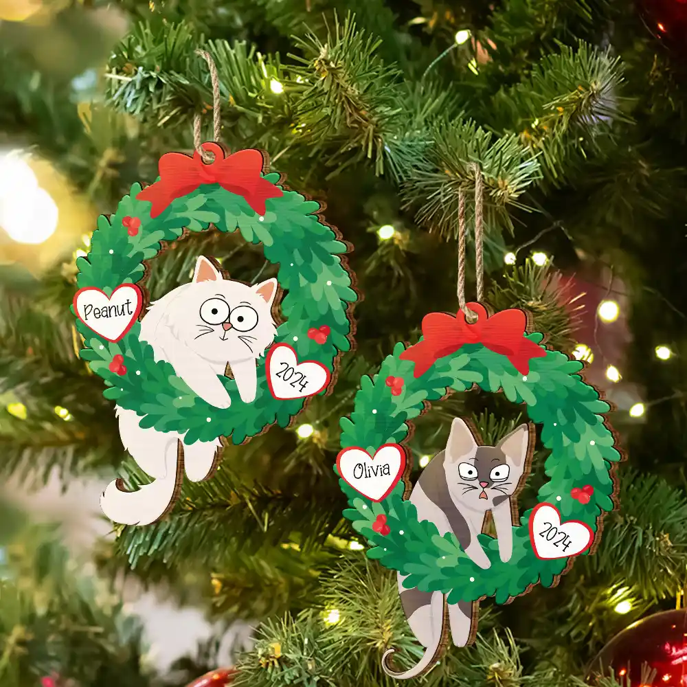 Christmas Wreath Hanging Cat - Personalized Wooden Cutout Ornament - Image 6