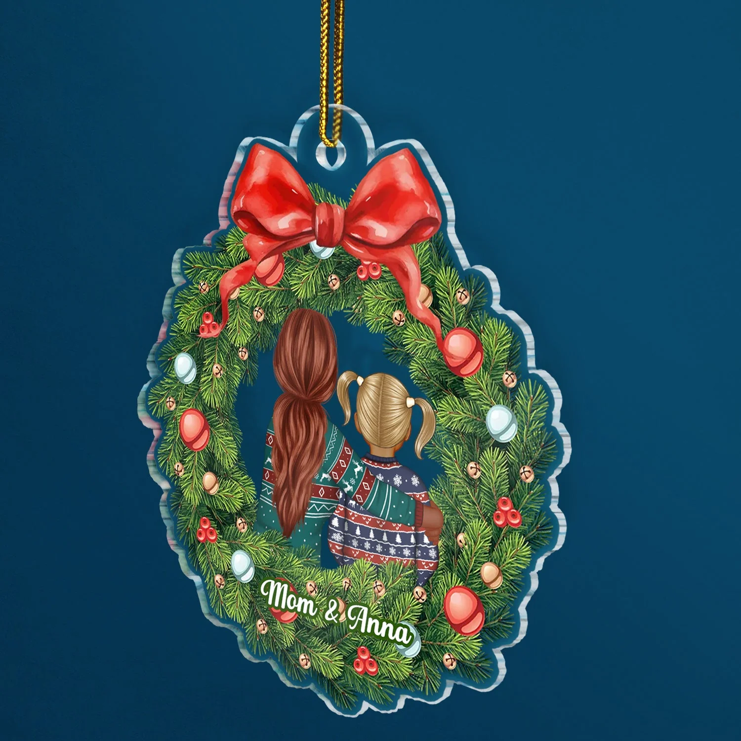 Christmas Wreath Mom Hugs Daughter Son - Gift For Mother, Grandmother, Grandma - Personalized Custom Shaped Acrylic Ornament - Image 2