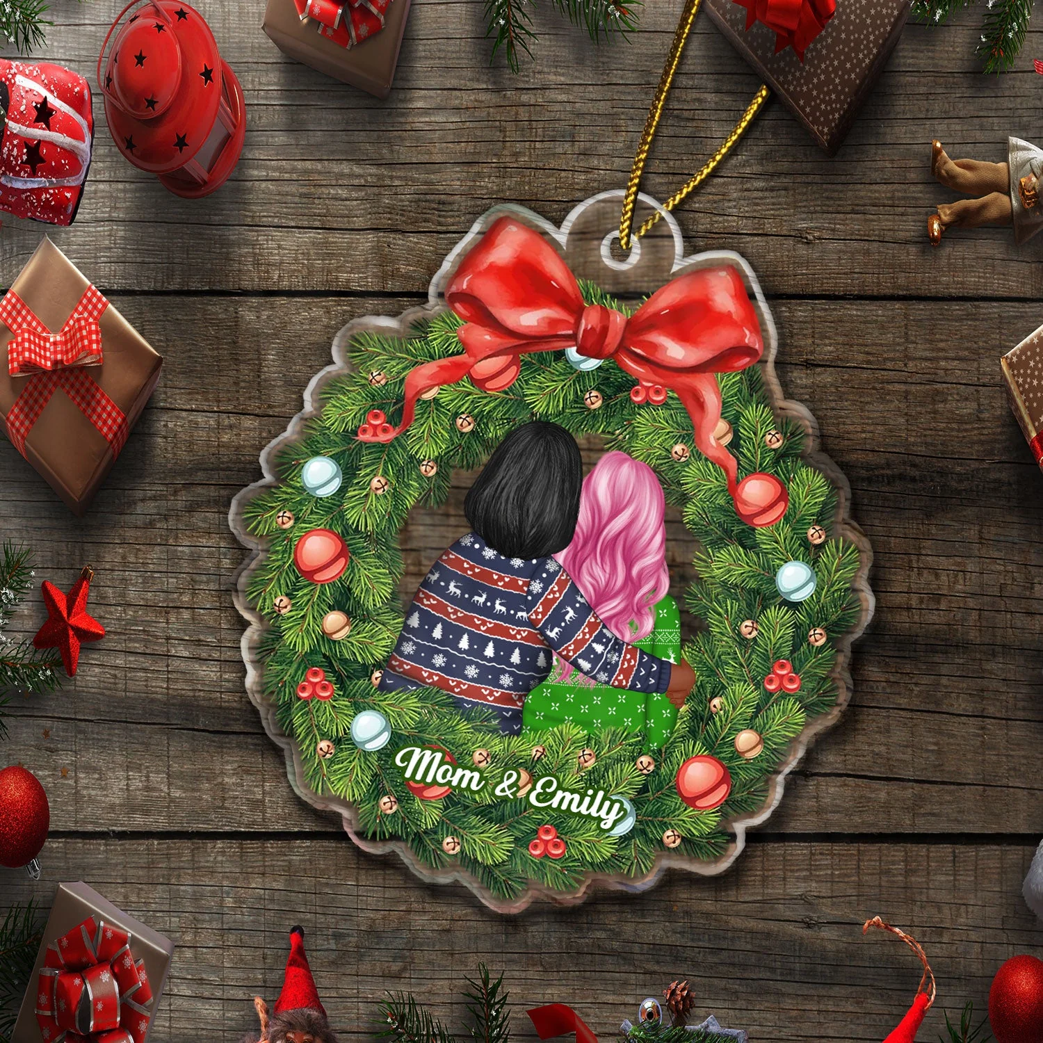 Christmas Wreath Mom Hugs Daughter Son - Gift For Mother, Grandmother, Grandma - Personalized Custom Shaped Acrylic Ornament - Image 5