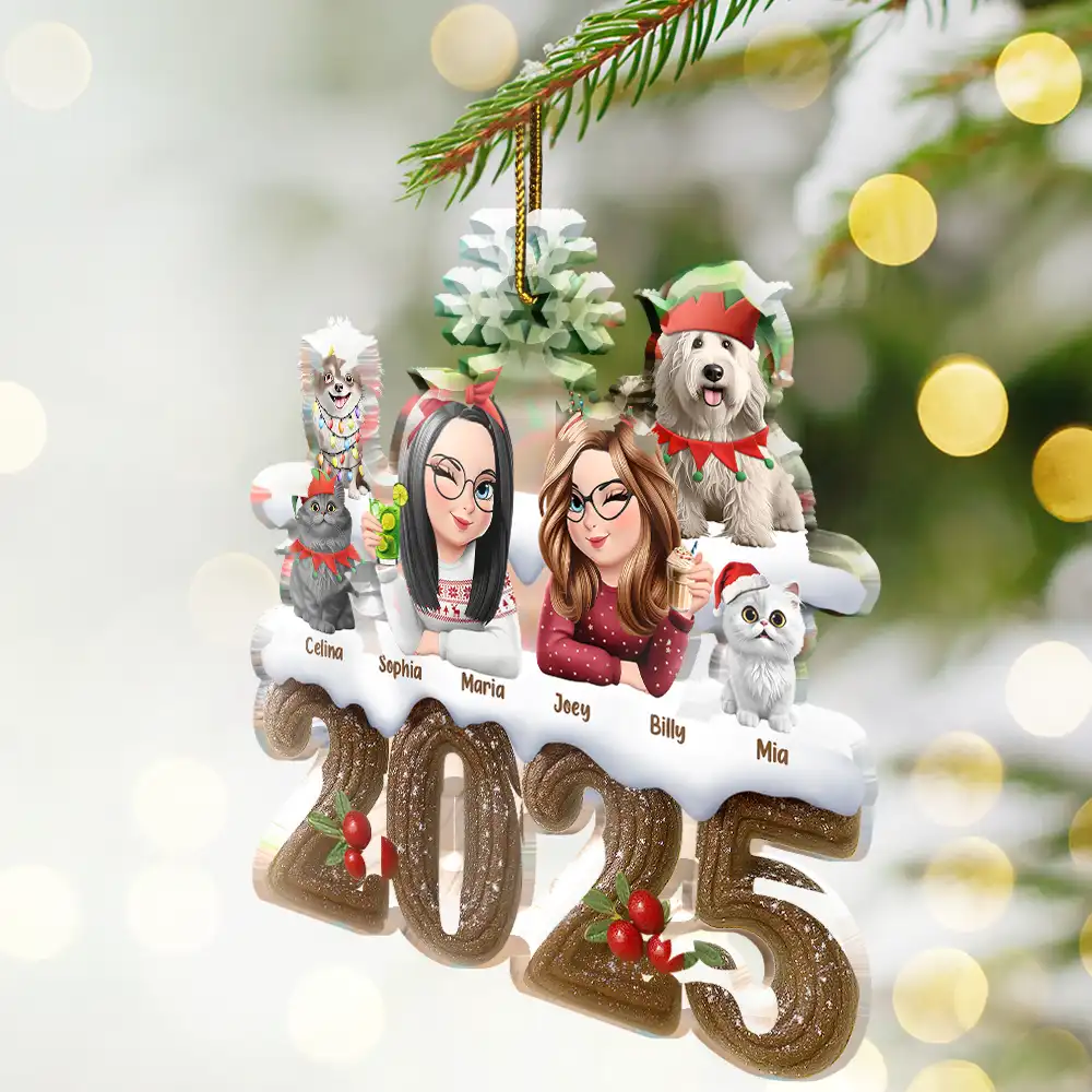 Christmas Yule Log Buche De Noel 3D Effect Couple Sibling Dog Cat - Personalized Custom Shaped Acrylic Ornament - Image 2