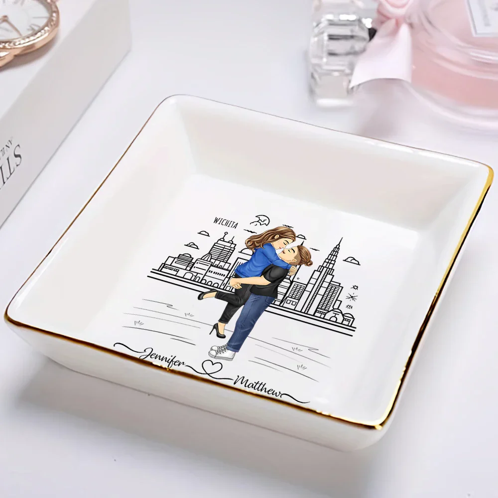 City Skyline Couple Married Engaged - Personalized Ring Dish - Image 2