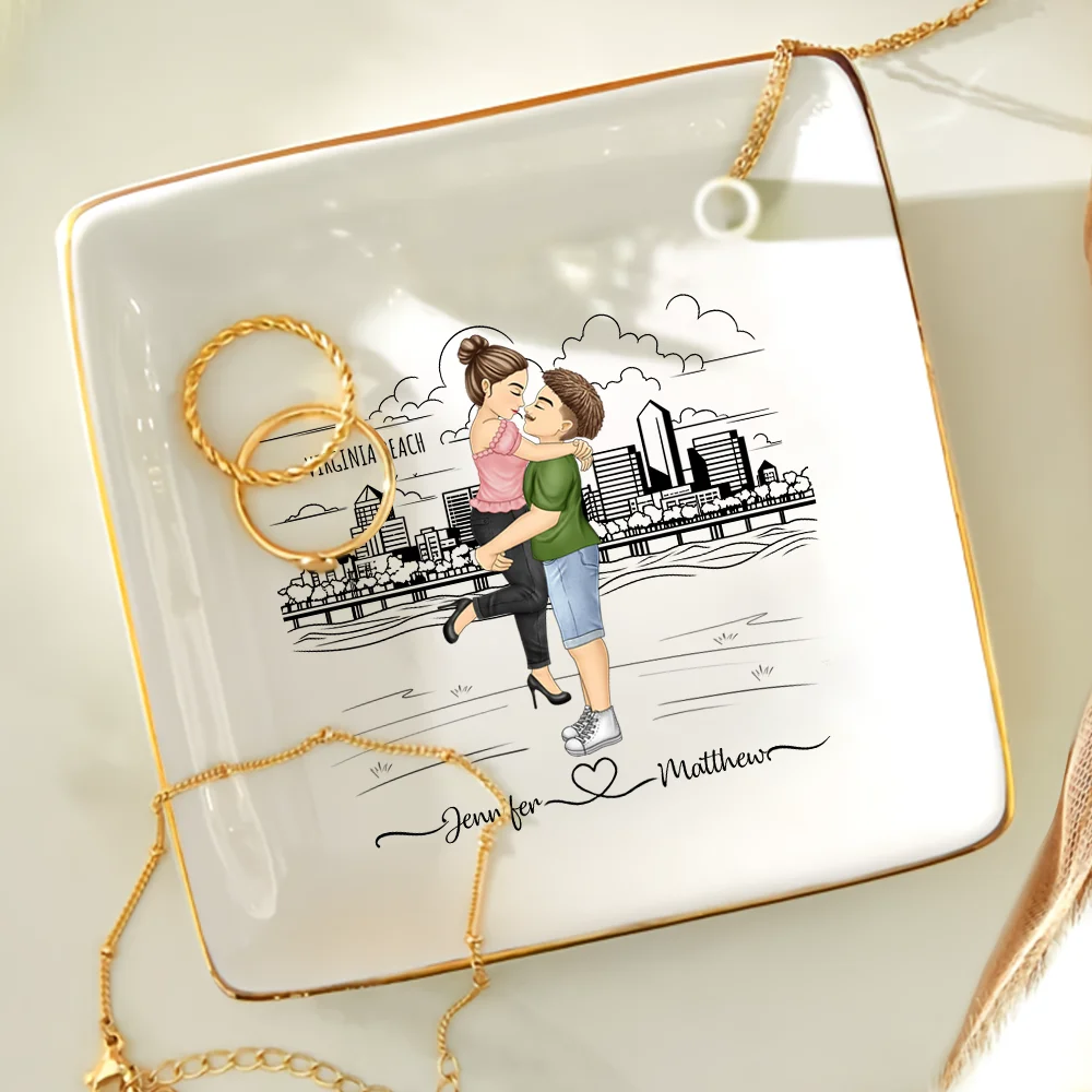 City Skyline Couple Married Engaged - Personalized Ring Dish - Image 4