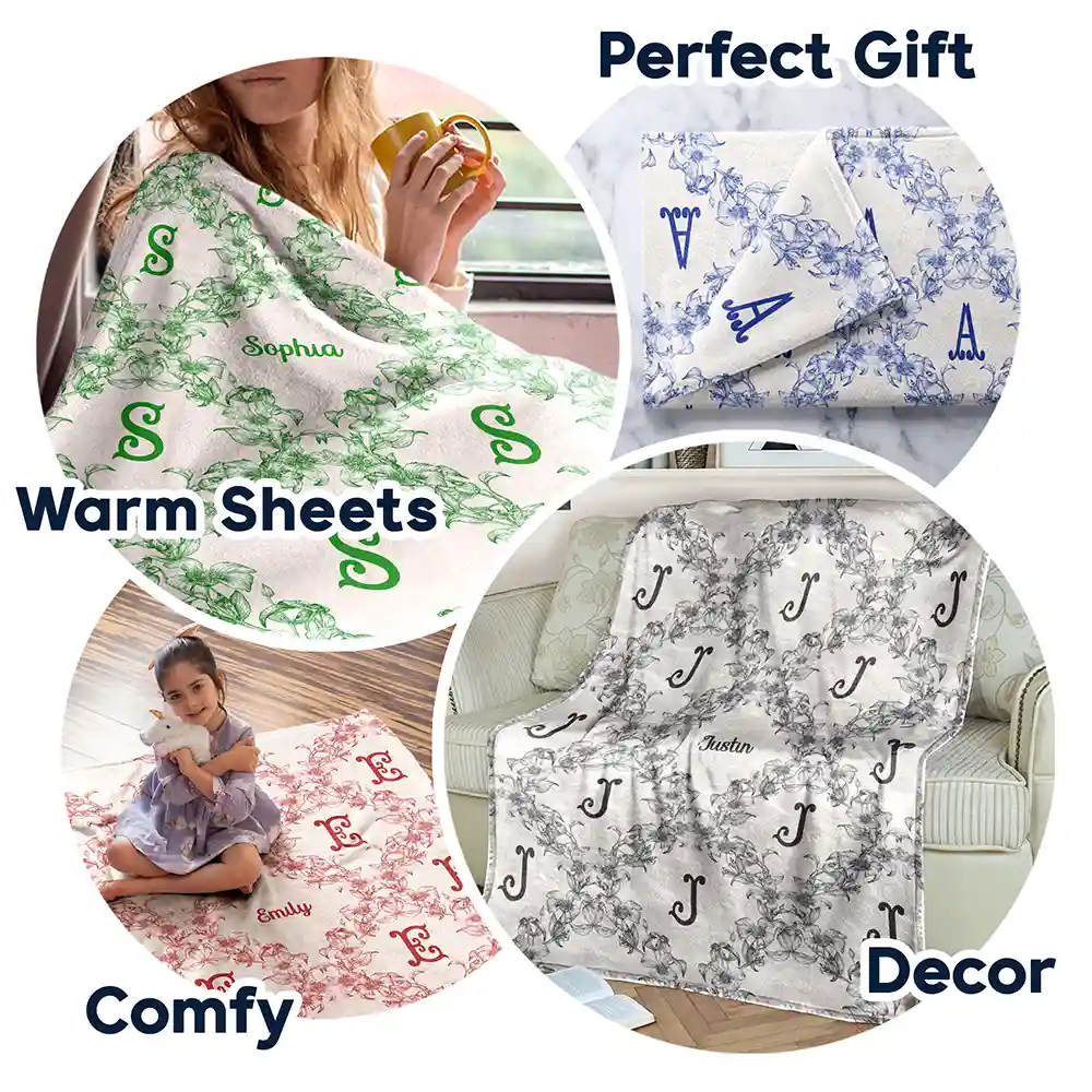 Classic Toile Floral Monogram - Personalized Fleece Blanket, Sherpa Blanket - Image 7