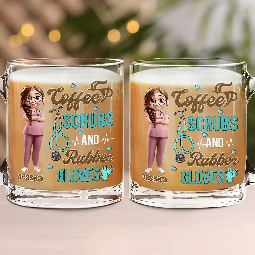 Coffee Scrubs And Rubber Gloves - Personalized Glass Mug - Image 2