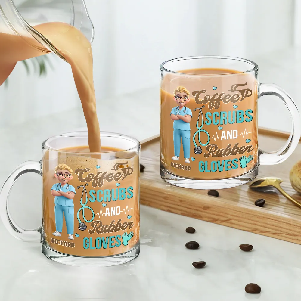 Coffee Scrubs And Rubber Gloves - Personalized Glass Mug - Image 4