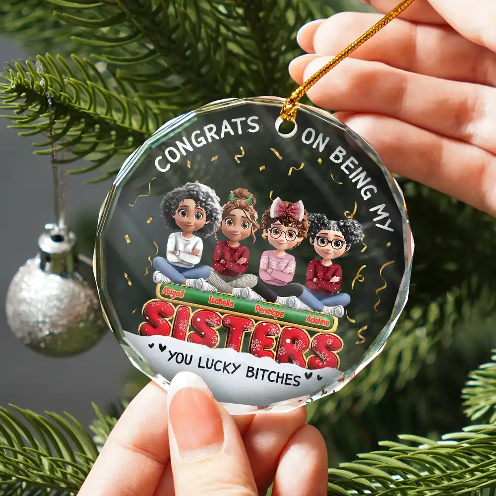 Congrats On Being My Besties Friends Siblings 3D Effect - Personalized Circle Glass Ornament - Image 3