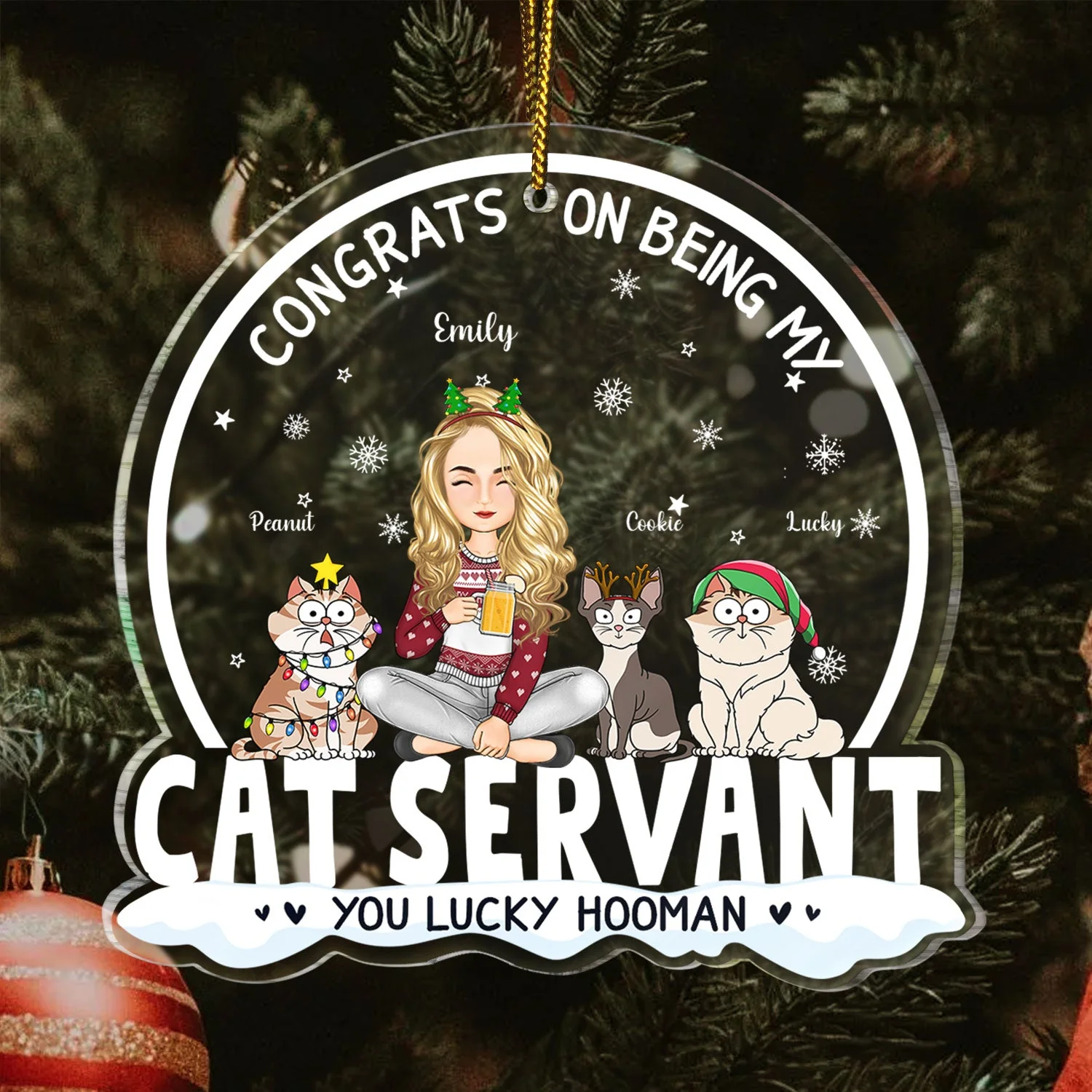 Congrats On Being My Cat Servant Funny Cartoon Style - Christmas Gift For Cat Lovers, Cat Moms, Cat Dads - Personalized Custom Shaped Acrylic Ornament - Image 3