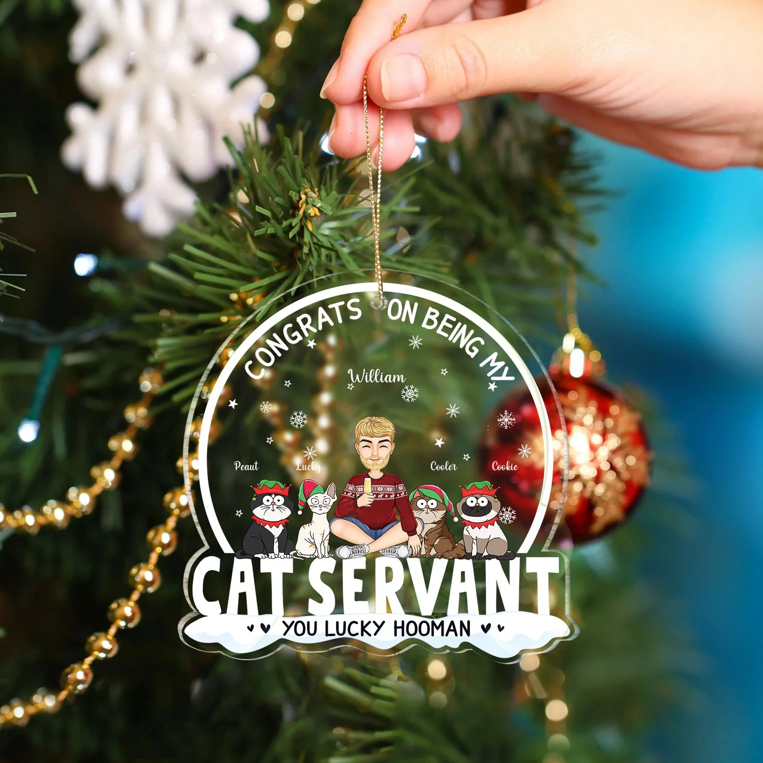 Congrats On Being My Cat Servant Funny Cartoon Style - Christmas Gift For Cat Lovers, Cat Moms, Cat Dads - Personalized Custom Shaped Acrylic Ornament - Image 4