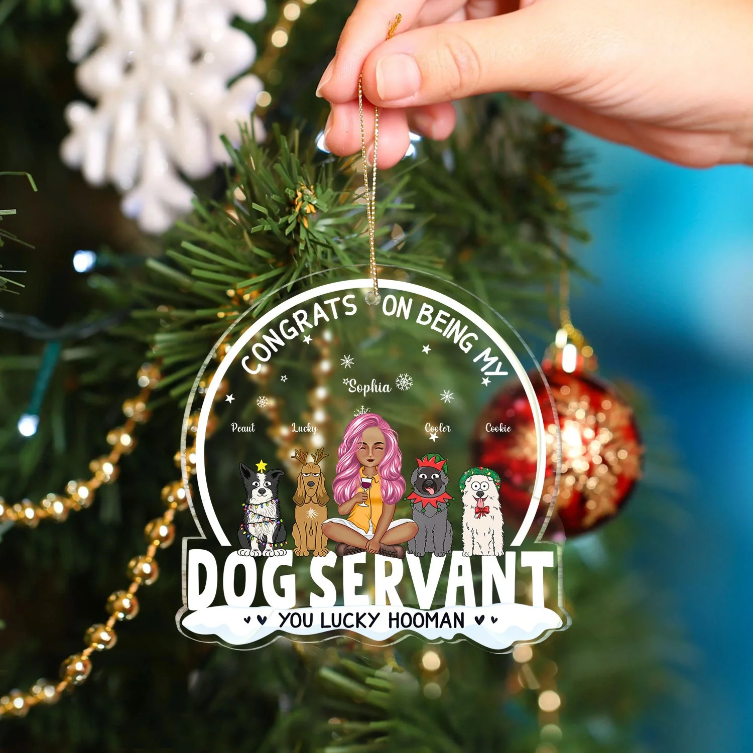 Congrats On Being My Dog Servant Funny Cartoon Style - Christmas Gift For Dog Lovers, Dog Moms, Dog Dads - Personalized Custom Shaped Acrylic Ornament - Image 4