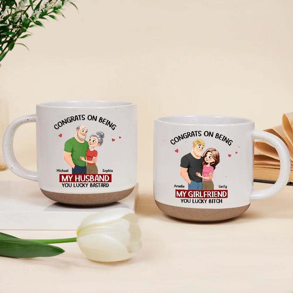 Congrats On Being My Husband Animate Hugging Couple - Personalized Pottery Mug - Image 2