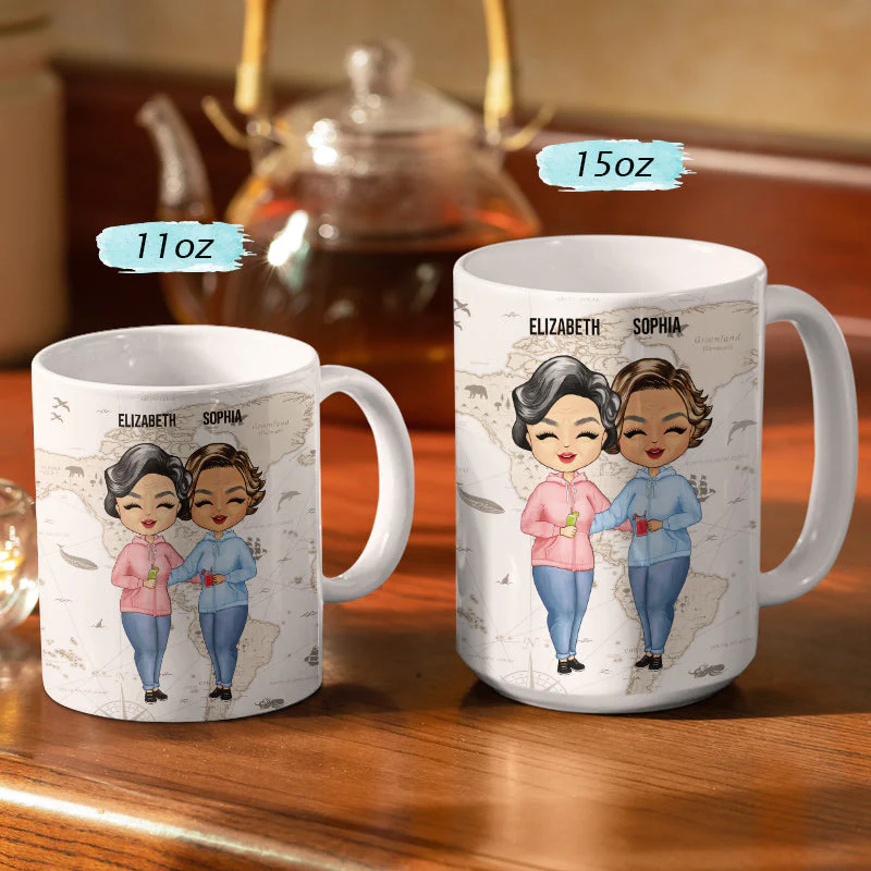 Connected By Heart Hoodie Sisters - Sibling BFF Bestie Gift - Personalized Custom White Edge-to-Edge Mug - Image 3