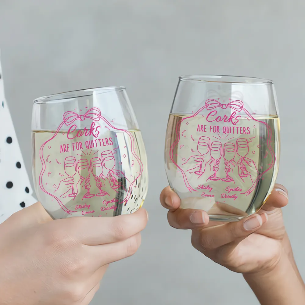Corks Are For Quitters Sister Bestie Line Art - Personalized Stemless Wine Glass - Image 3