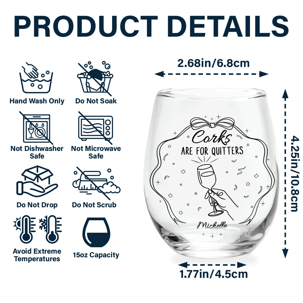 Corks Are For Quitters Sister Bestie Line Art - Personalized Stemless Wine Glass - Image 5