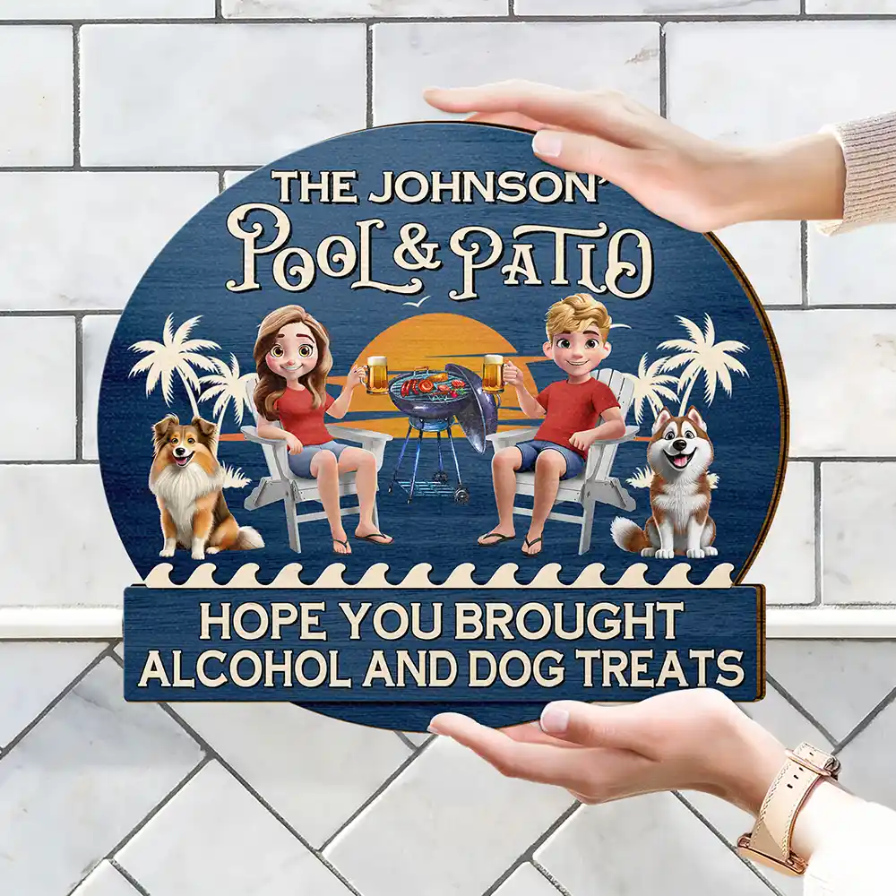 Couple 3D Effect Pool & Patio Bar Hope You Brought Alcohol & Dog Treats - Personalized Custom Shaped Wood Sign - Image 4