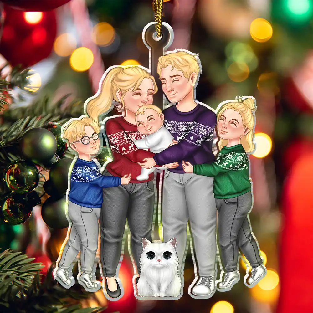 Couple And Kids Or Pets Arm In Arm Hugging - Personalized Cutout Acrylic Ornament - Image 5