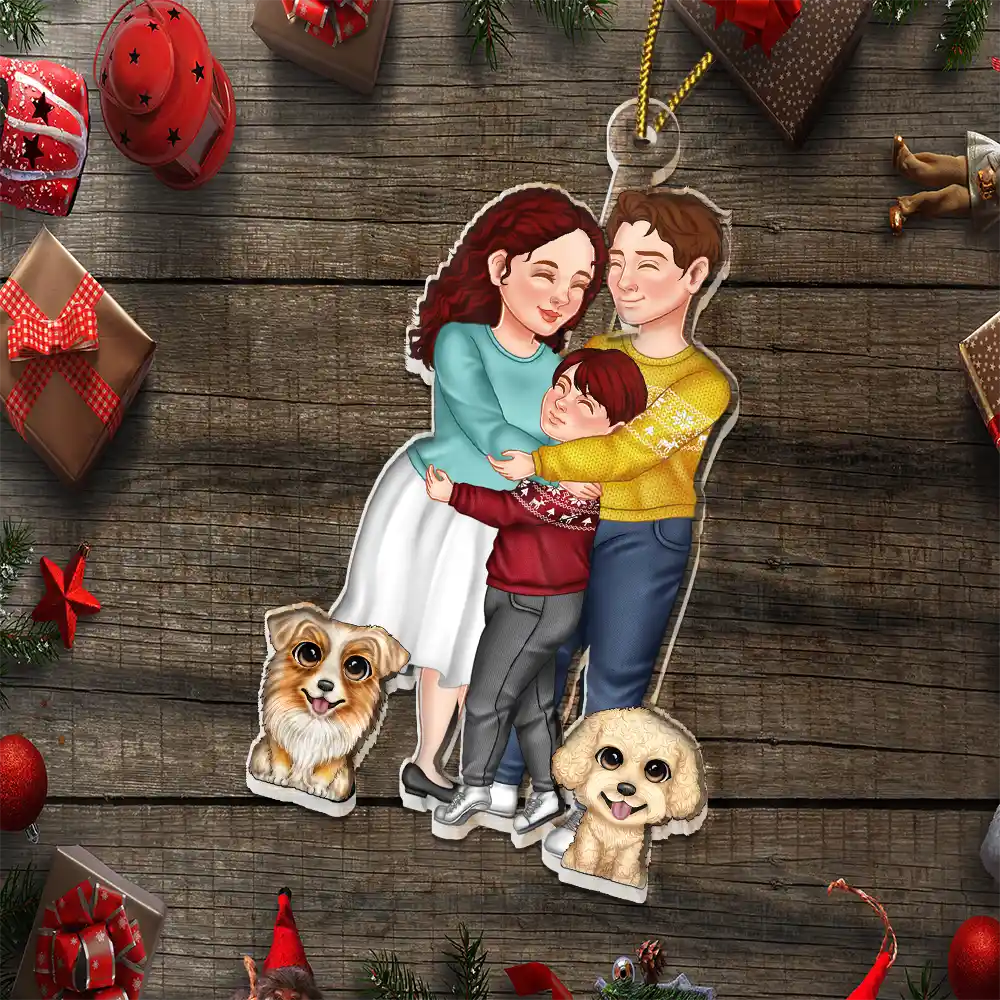 Couple And Kids Or Pets Arm In Arm Hugging - Personalized Cutout Acrylic Ornament - Image 6