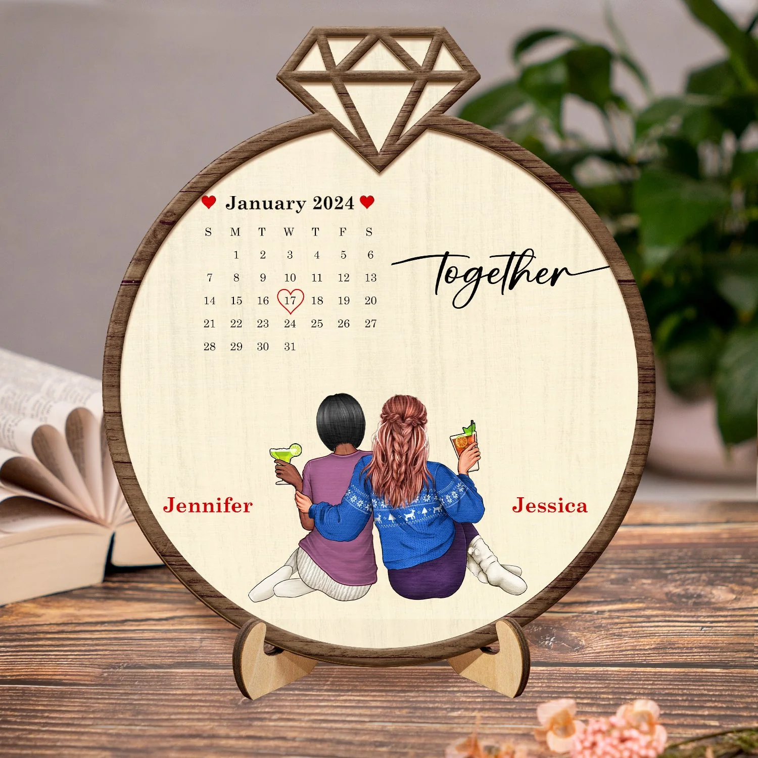 Couple Calendar Married Engaged - Gift For Couples - Personalized 2-Layered Wooden Plaque With Stand - Image 2