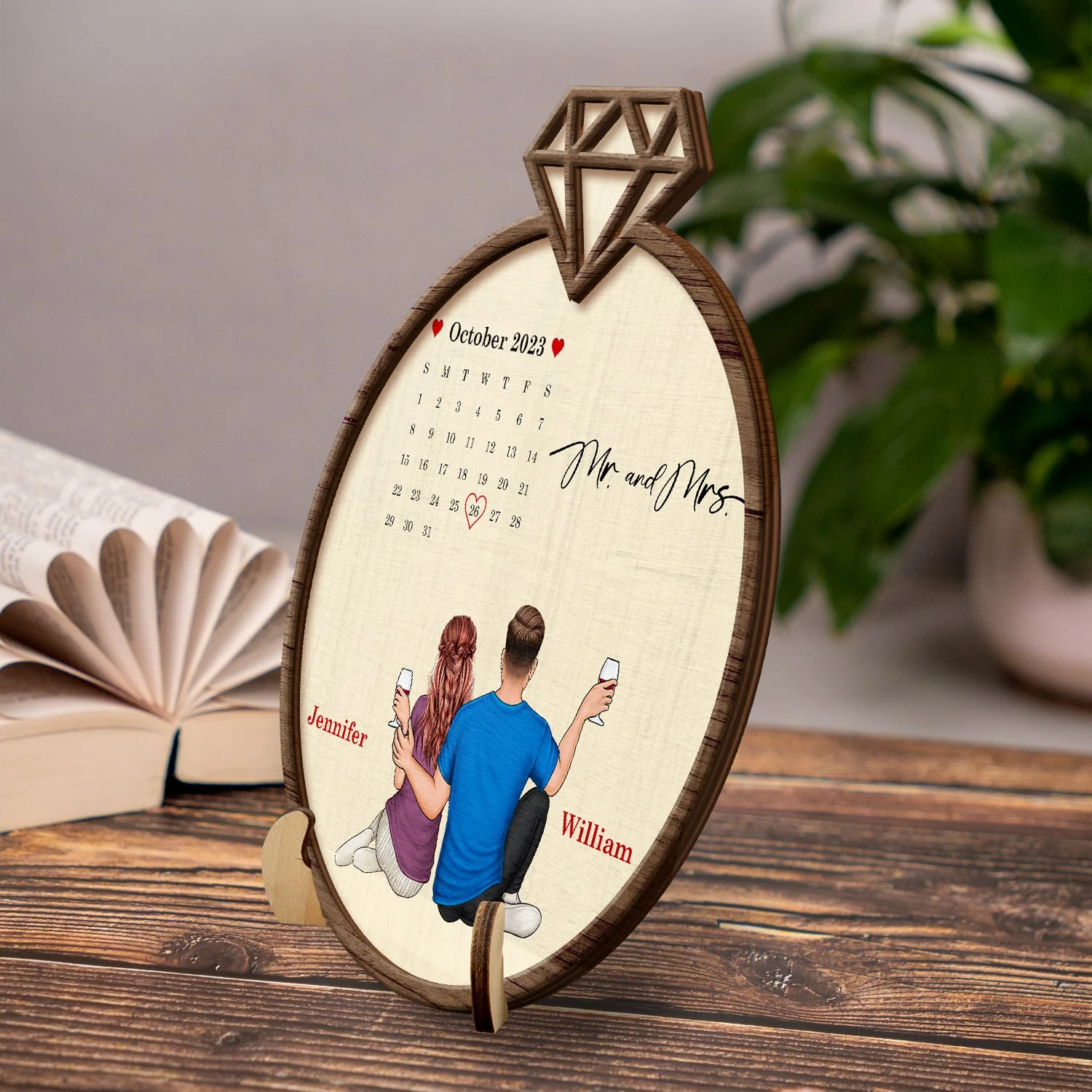 Couple Calendar Married Engaged - Gift For Couples - Personalized 2-Layered Wooden Plaque With Stand - Image 3