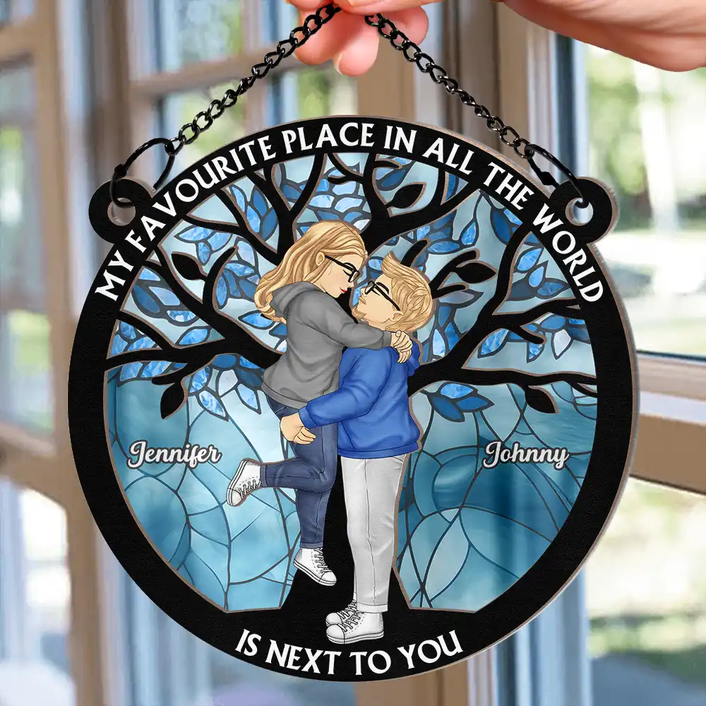 Couple Cartoon Kissing My Favorite Place In All The World - Personalized Window Hanging Suncatcher Ornament - Image 2