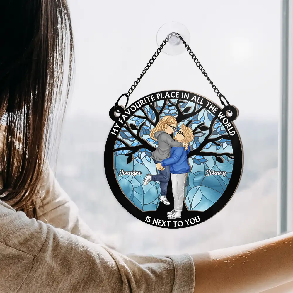 Couple Cartoon Kissing My Favorite Place In All The World - Personalized Window Hanging Suncatcher Ornament - Image 4