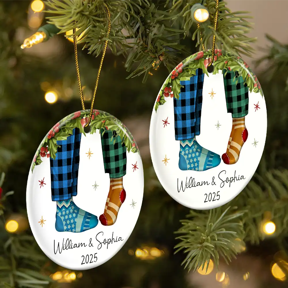 Couple Christmas Socks - Personalized Circle Ceramic Ornament - Image 2