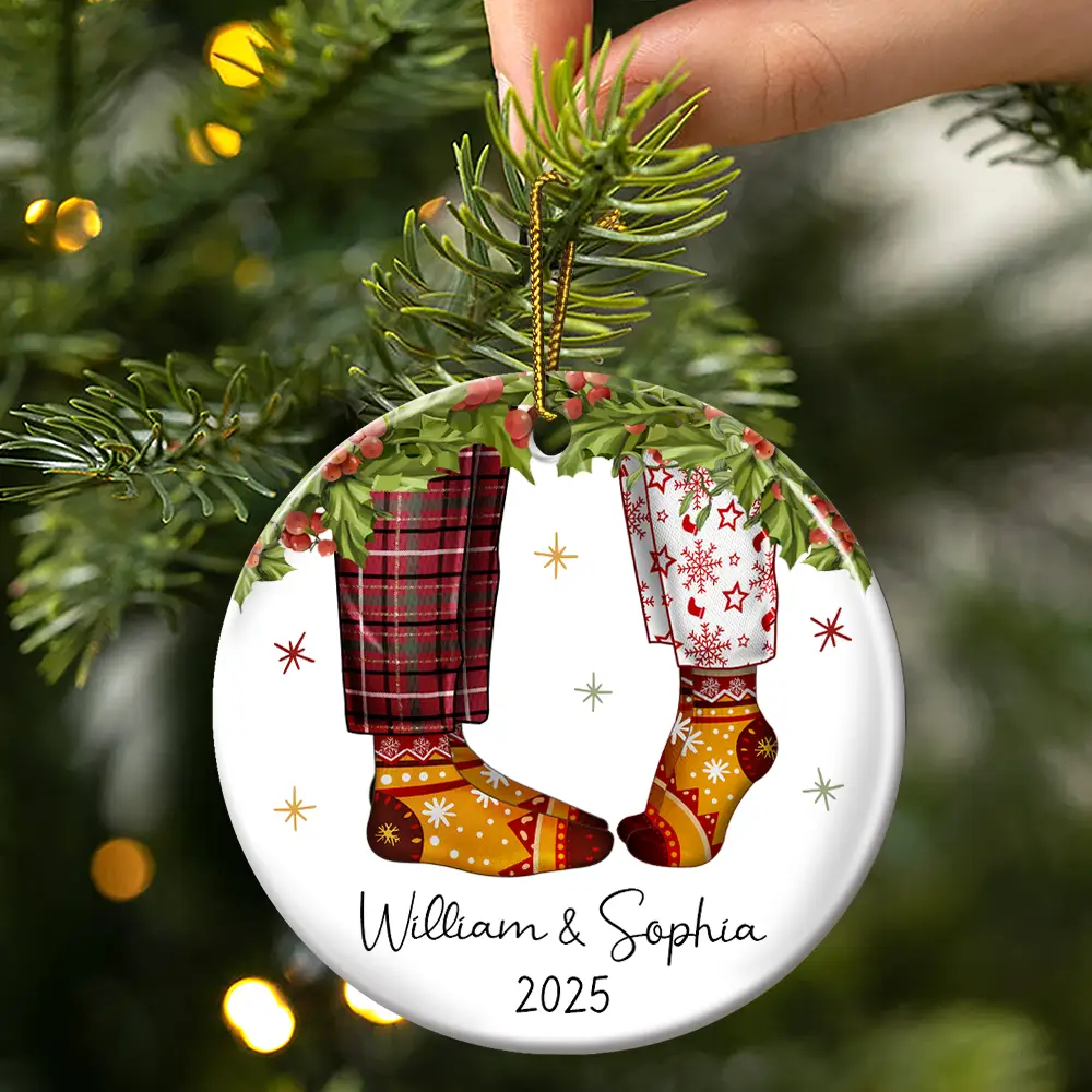 Couple Christmas Socks - Personalized Circle Ceramic Ornament - Image 3