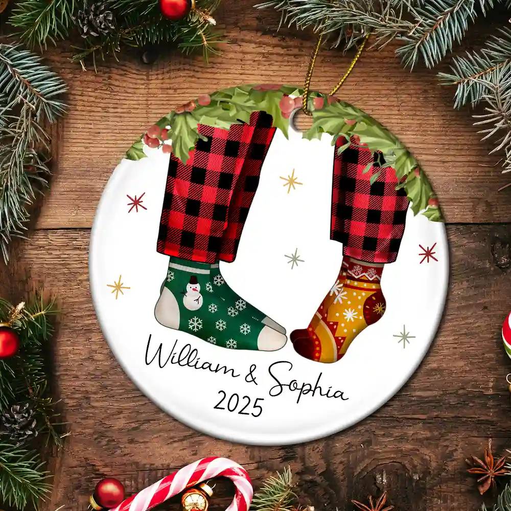 Couple Christmas Socks - Personalized Circle Ceramic Ornament - Image 5