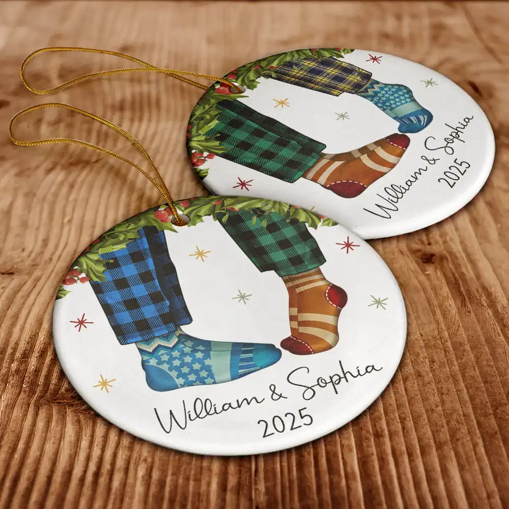 Couple Christmas Socks - Personalized Circle Ceramic Ornament - Image 6