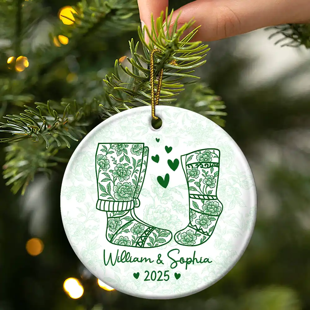 Couple Christmas Socks Toile - Personalized Circle Ceramic Ornament - Image 3