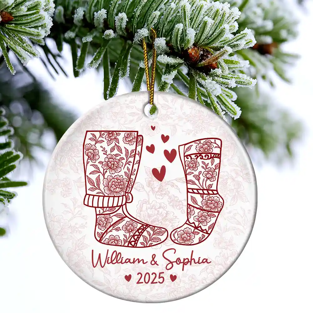 Couple Christmas Socks Toile - Personalized Circle Ceramic Ornament - Image 4