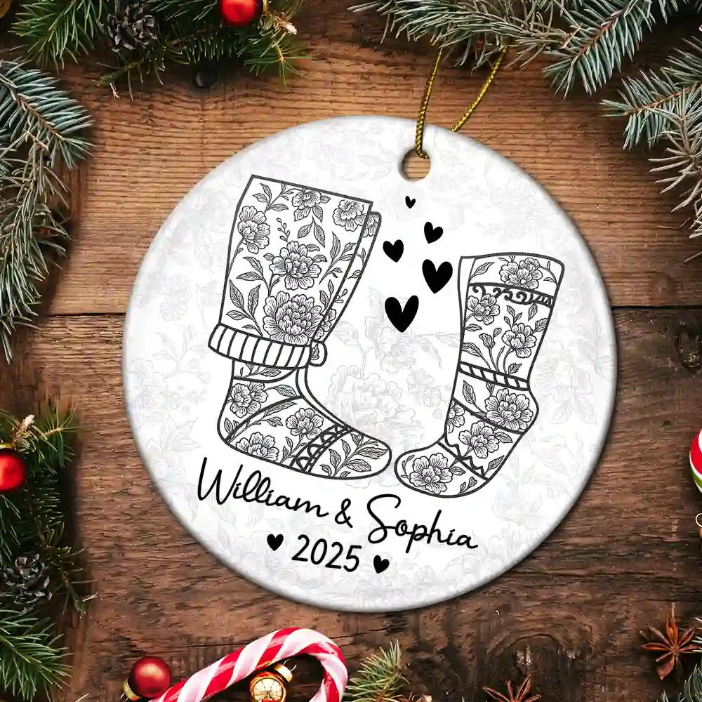 Couple Christmas Socks Toile - Personalized Circle Ceramic Ornament - Image 5