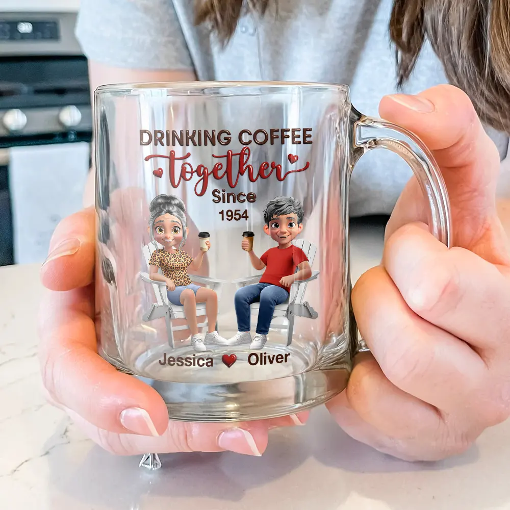 Couple Drinking Coffee Together - Personalized Glass Mug - Image 3