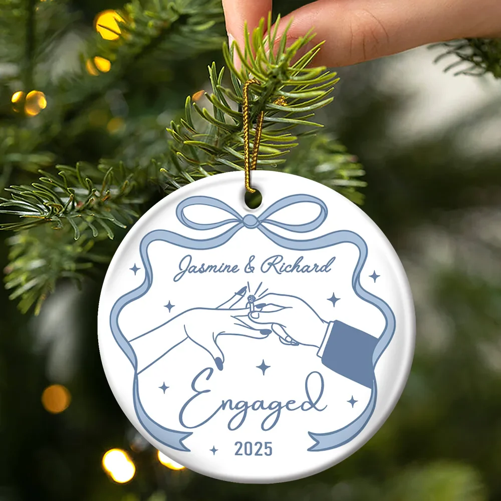 Couple Engaged Married Anniversary - Personalized Circle Ceramic Ornament - Image 3