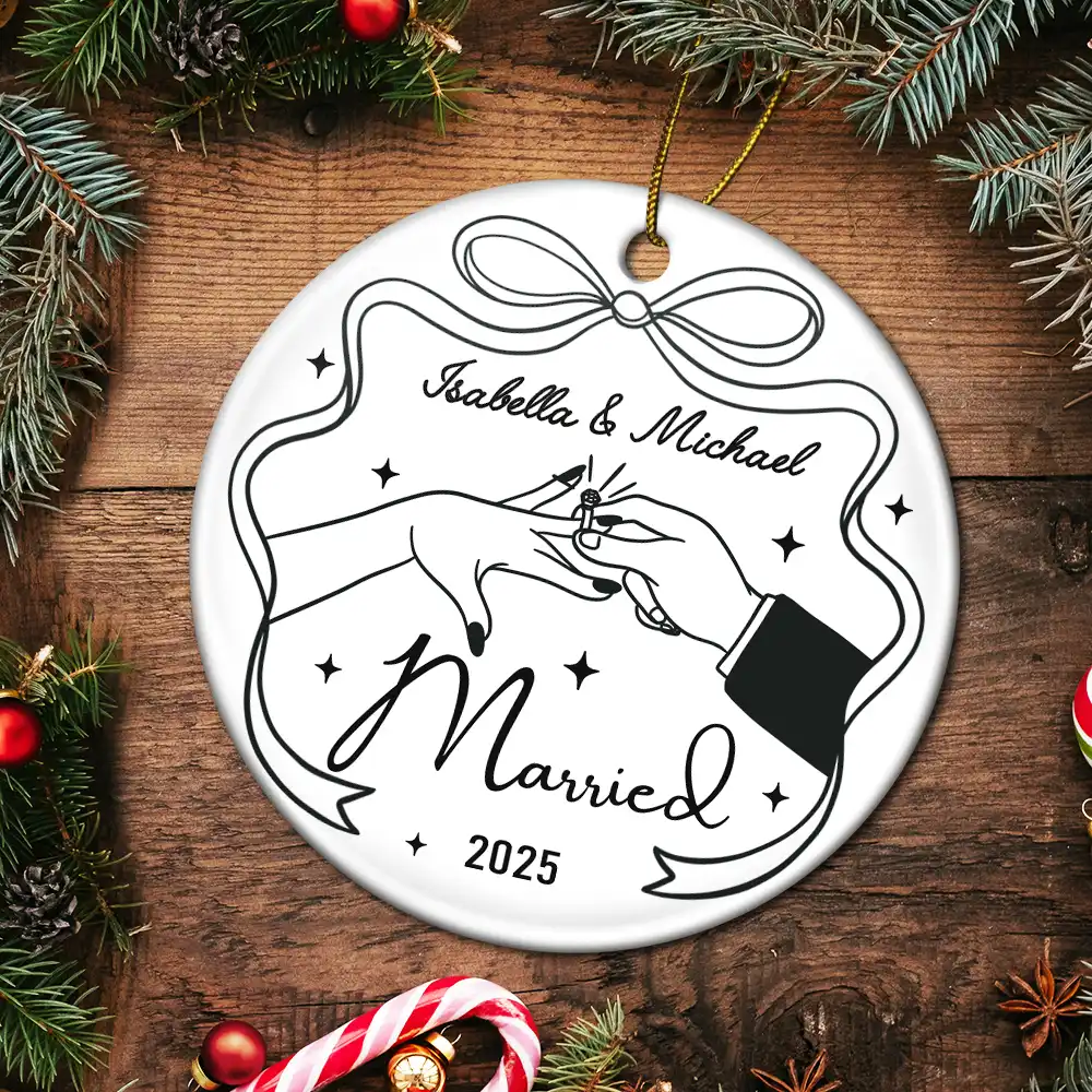 Couple Engaged Married Anniversary - Personalized Circle Ceramic Ornament - Image 5