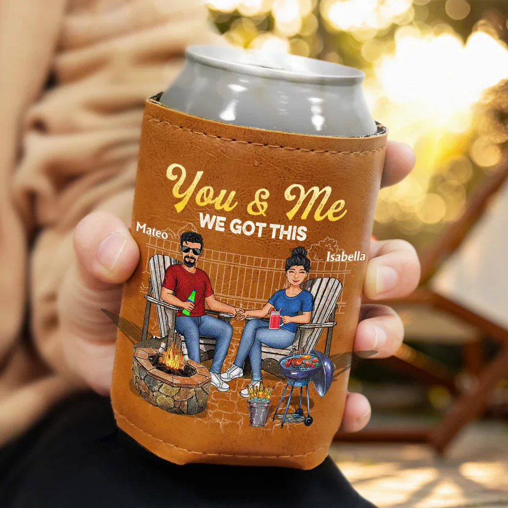 Couple Grilling Drinking Husband And Wife Drinking Buddies For Life - Personalized Leather Can Cooler - Image 2