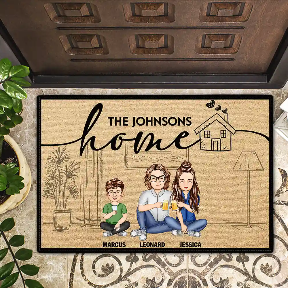 Couple Home With Pet And Kid - Personalized Doormat - Image 2