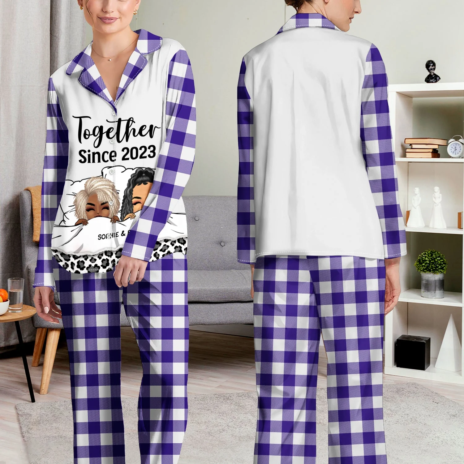 Couple Hubby & Wifey Est - Gift For Couples - Personalized Long Pajamas Set - Image 4