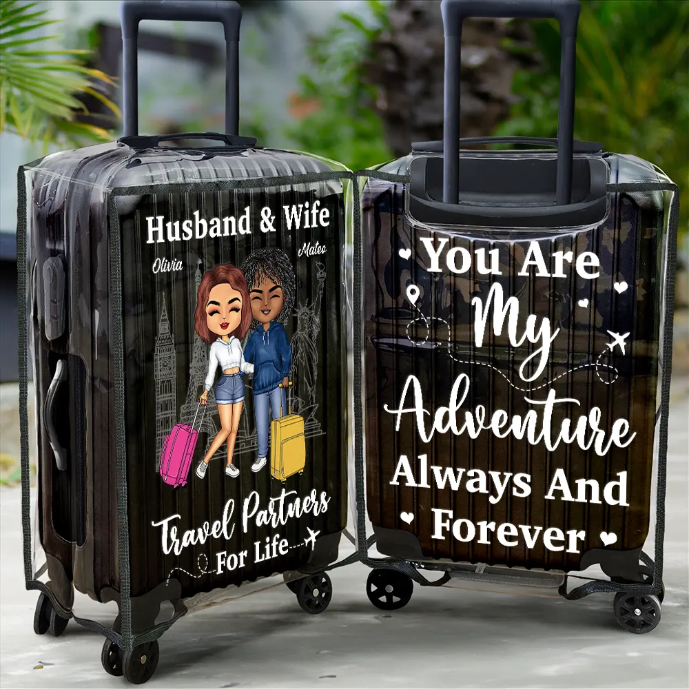 Couple Husband & Wife Travel Partners For Life - Personalized Clear Luggage Cover - Image 2