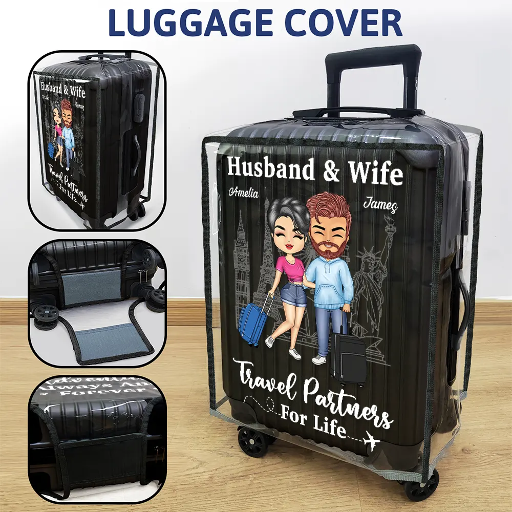 Couple Husband & Wife Travel Partners For Life - Personalized Clear Luggage Cover - Image 3