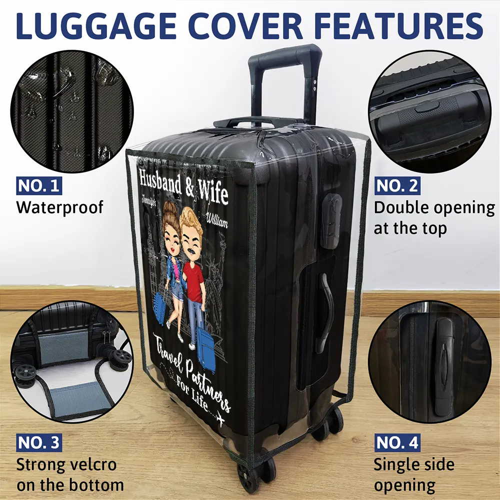 Couple Husband & Wife Travel Partners For Life - Personalized Clear Luggage Cover - Image 4