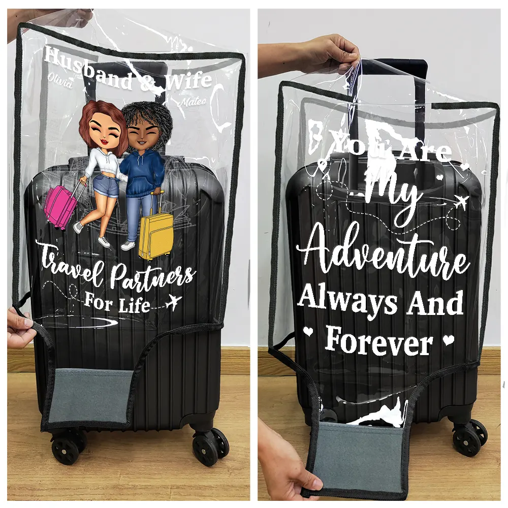 Couple Husband & Wife Travel Partners For Life - Personalized Clear Luggage Cover - Image 5