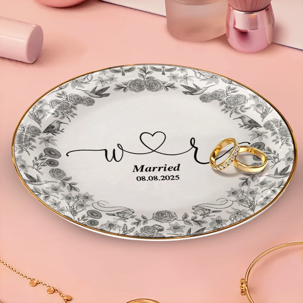 Couple Initial Names Engaged Married Toile De Jouy Pattern - Personalized Round Ring Dish - Image 3