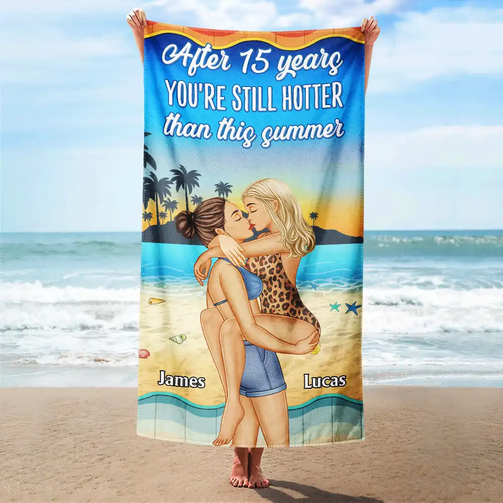 Couple Kissing After Years Hotter Than This Summer - Personalized Beach Towel - Image 2