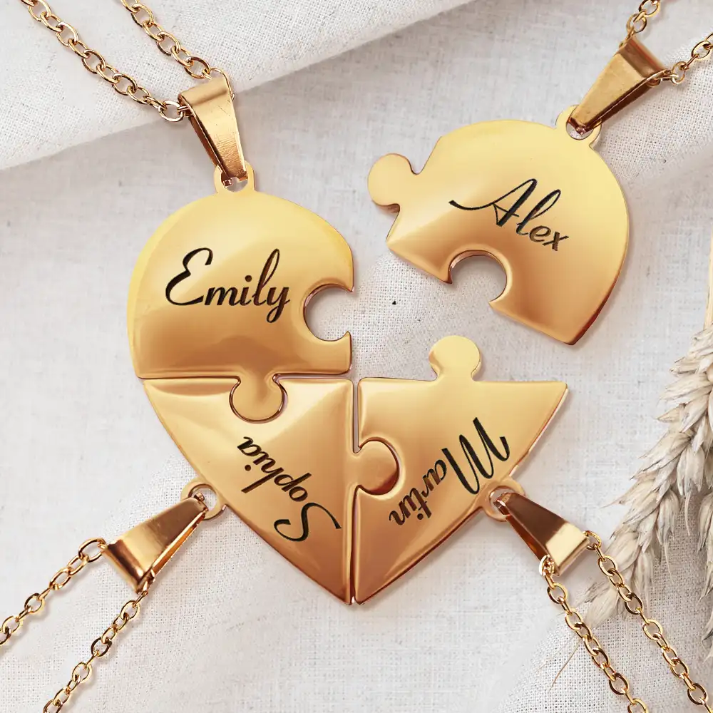Couple Matching Jewelry Including For Children - Personalized Heart Puzzle Necklace Set - Image 2