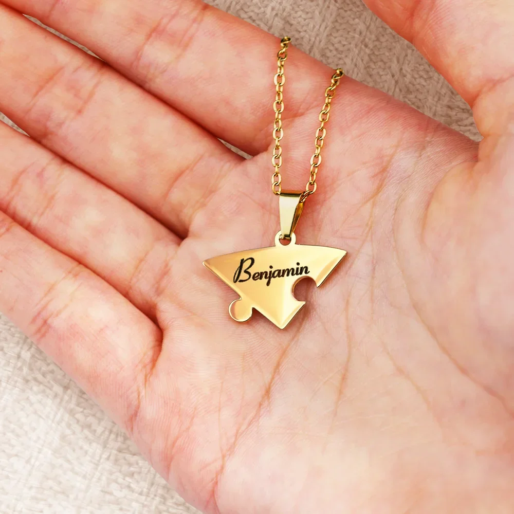 Couple Matching Jewelry Including For Children - Personalized Heart Puzzle Necklace Set - Image 4