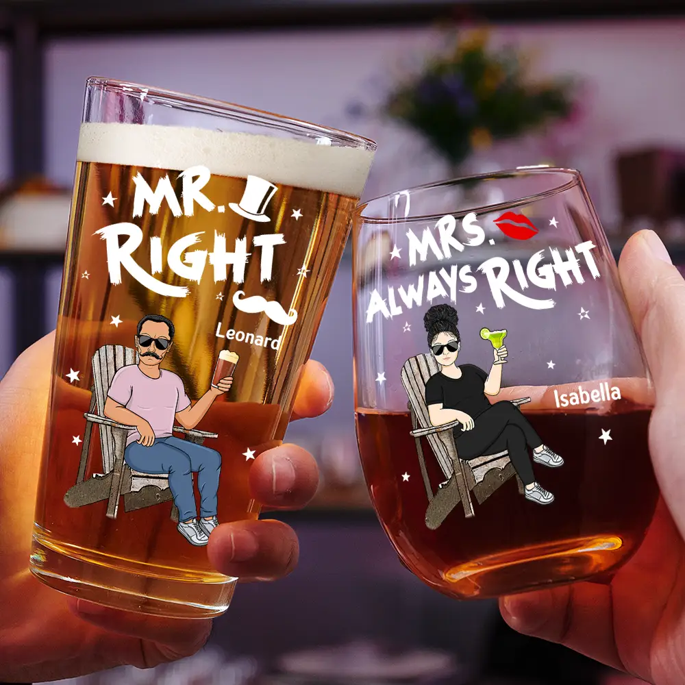 Couple Mr Right Mrs Always Right - Personalized Combo Wine & Beer Glass - Image 2