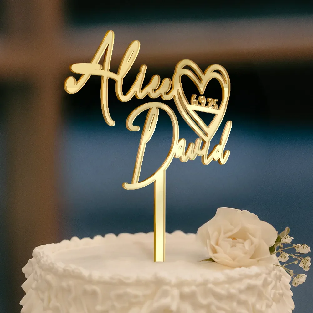 Couple Name With Heart Anniversary Wedding Date - Personalized Cake Topper - Image 2