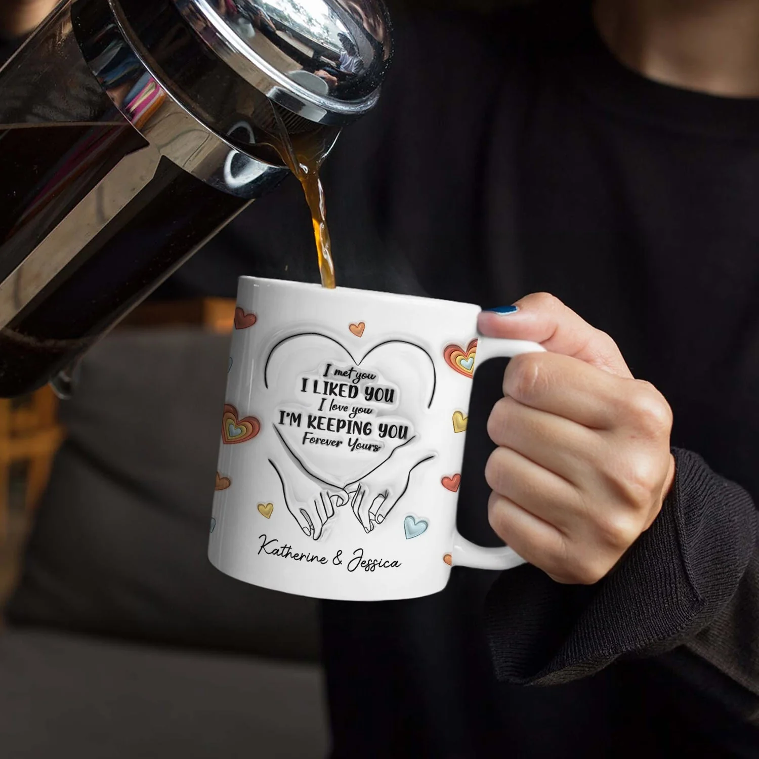 Couple One Line Hand Holding Forever Yours - Gift For Couples - 3D Inflated Effect Printed Mug, Personalized White Edge-to-Edge Mug - Image 4